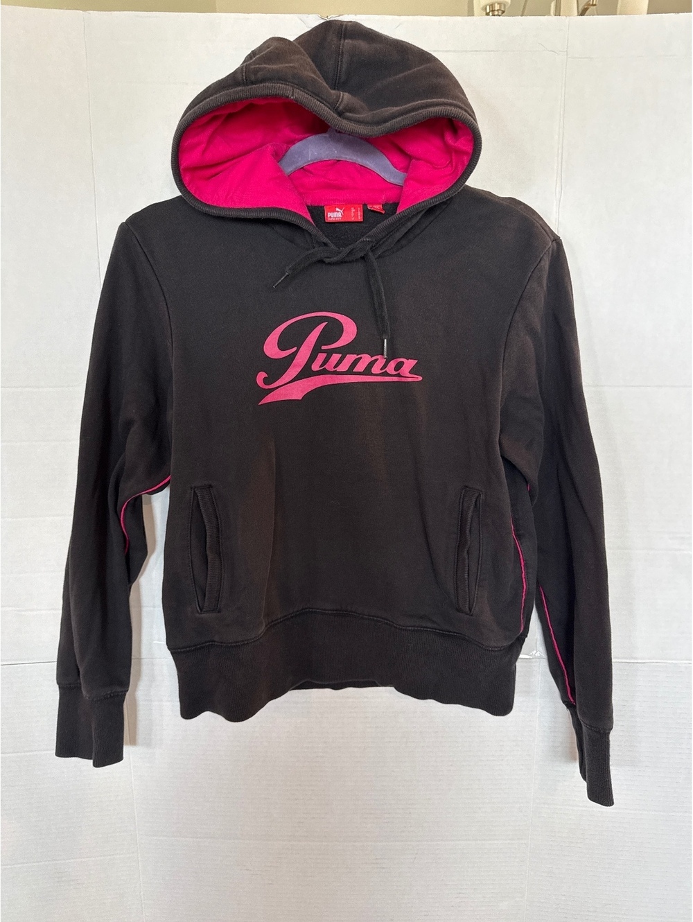 Puma Women's Black and Pink Hoodie Sweatshirt Size S
